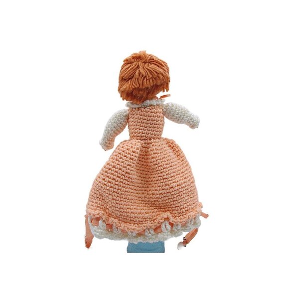 Vintage 1960s Red Hair Peach Dress Bottom Closes Hand Crocheted Bed Pillow Doll - Picture 6 of 12